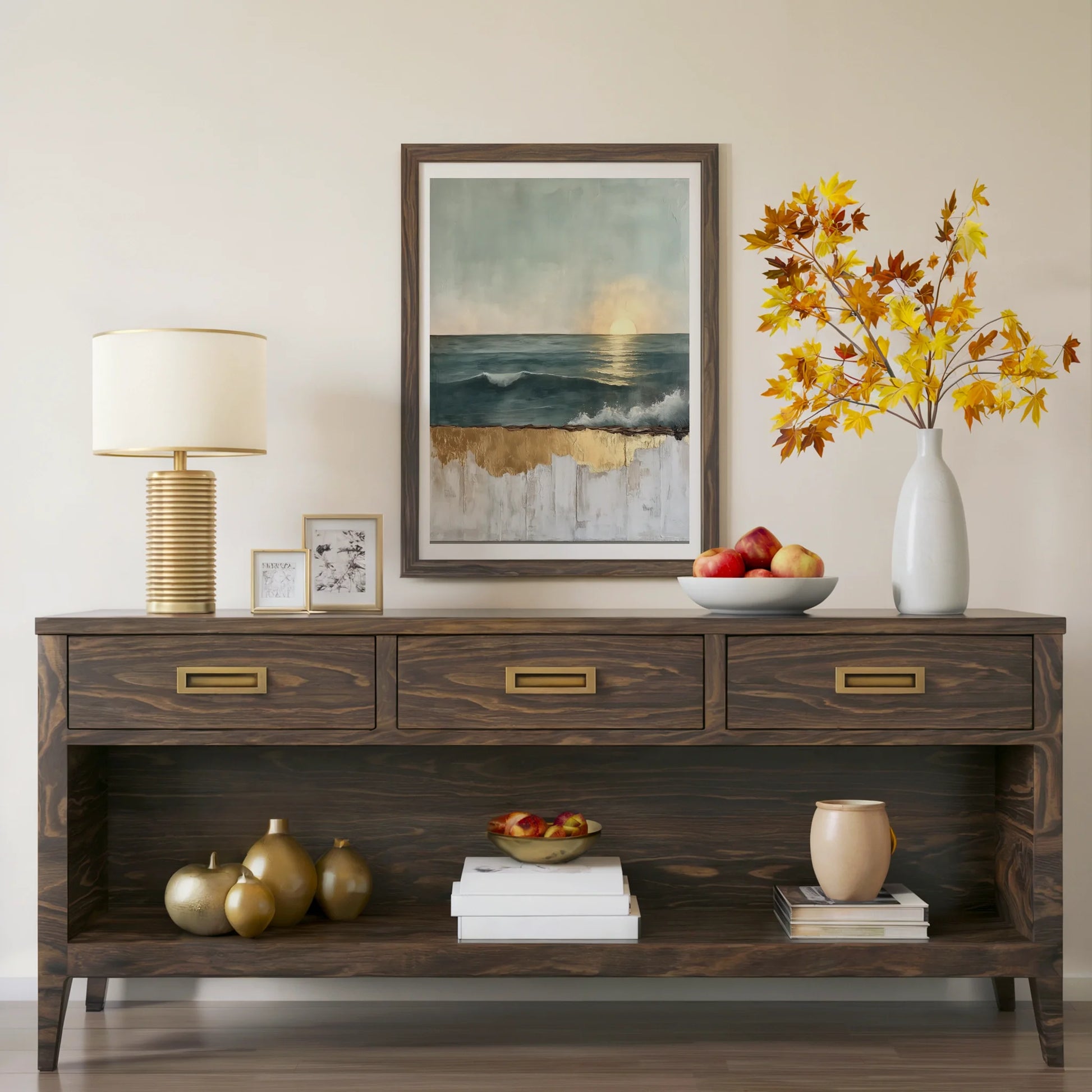 Ocean Sunset Gold Dripping Paint Canvas Wall Art — Sage green canvas with honey-toned drizzles creating organic texture for earth-tone interior schemes