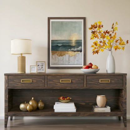 Ocean Sunset Gold Dripping Paint Canvas Wall Art — Sage green canvas with honey-toned drizzles creating organic texture for earth-tone interior schemes
