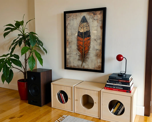 Large Feather Wall Art Gilded Spine Boho Canvas Print — Bohemian styled bedroom showcasing layered plume artwork above natural wood furniture and woven textiles