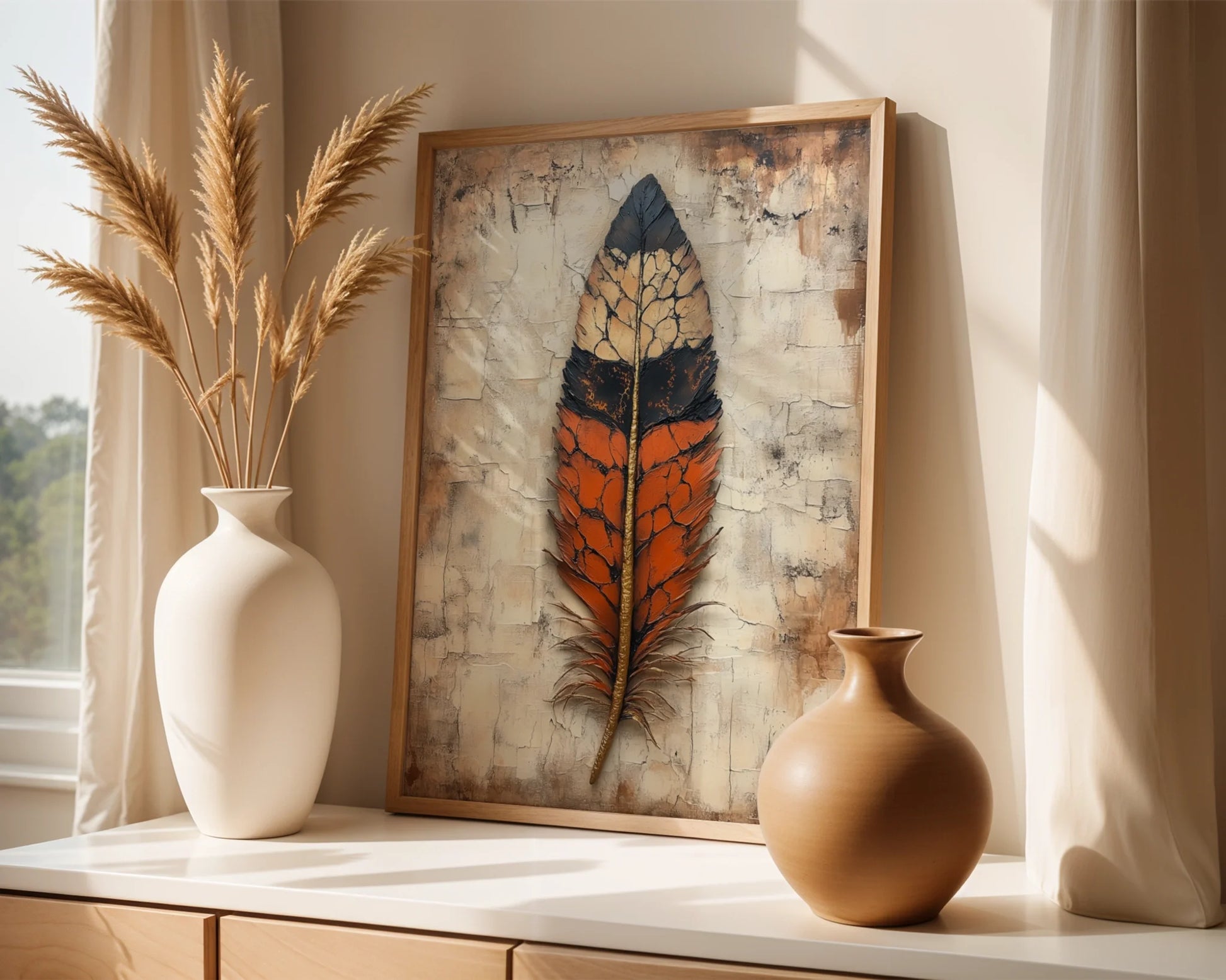Large Feather Wall Art Gilded Spine Boho Canvas Print — Contemporary room design highlighting delicate wing artwork complemented by minimalist furniture pieces