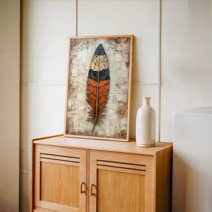 Large Feather Wall Art Gilded Spine Boho Canvas Print — Copper-toned wing canvas creating warm contrast against cream walls in tastefully appointed interior