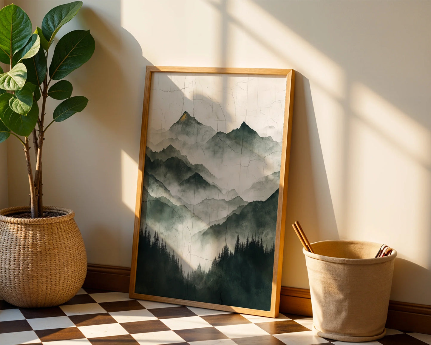 Misty Mountain Art Japandi Style Canvas Wall Art Gold Accents — Serene Asian-inspired canvas showcasing ethereal mountain silhouettes through drifting clouds in styled living space