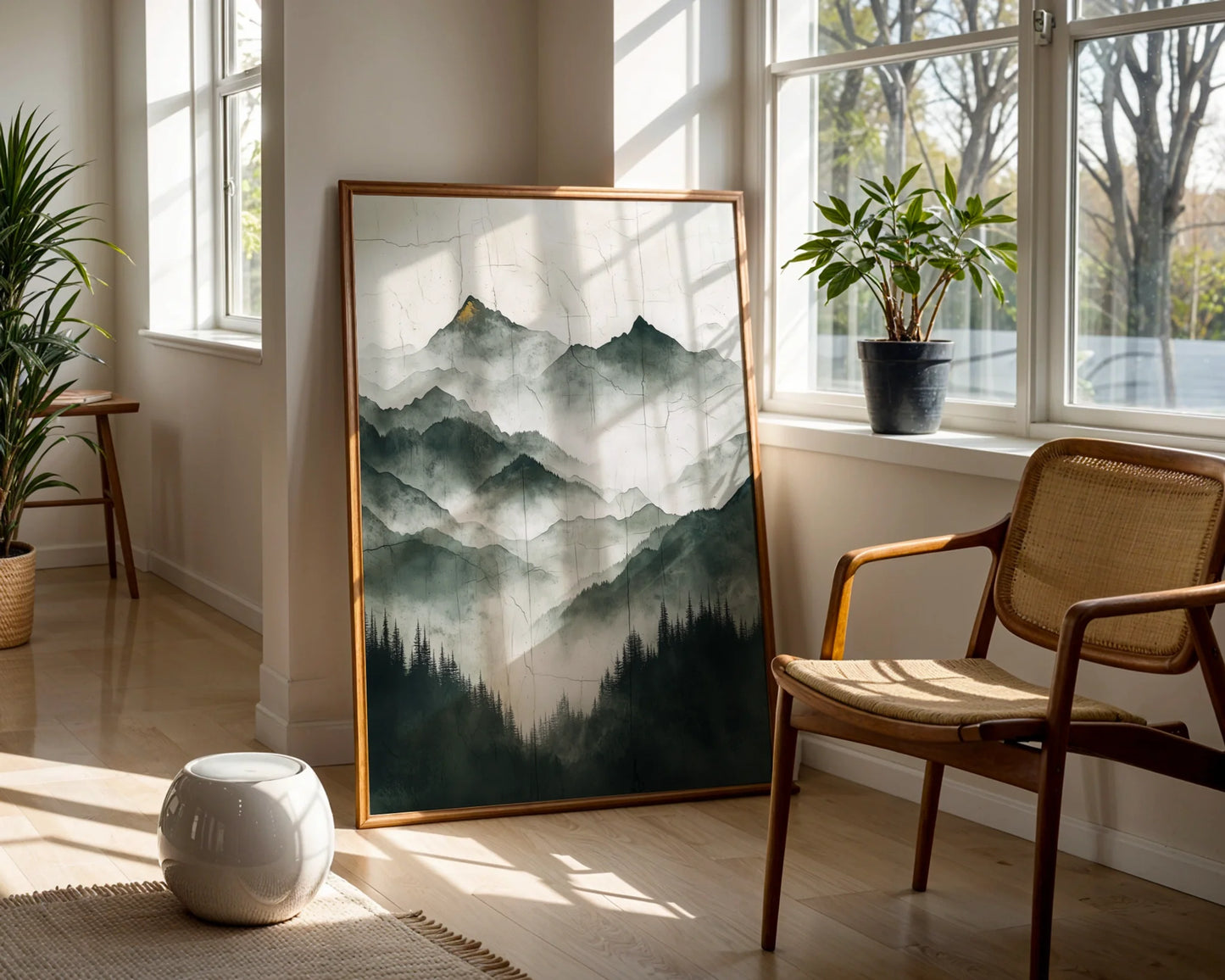 Misty Mountain Art Japandi Style Canvas Wall Art Gold Accents — Tranquil home artwork displaying distant hills veiled in morning haze for contemporary minimalist interiors
