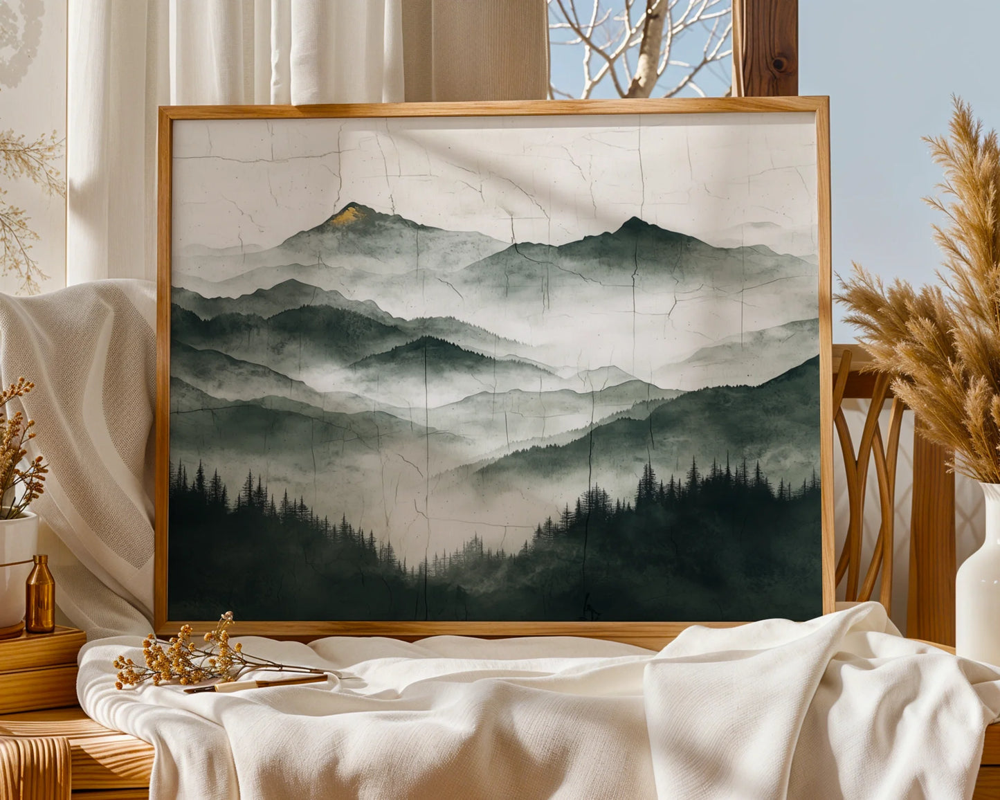 Misty Mountain Art Japandi Style Gold Accents in room