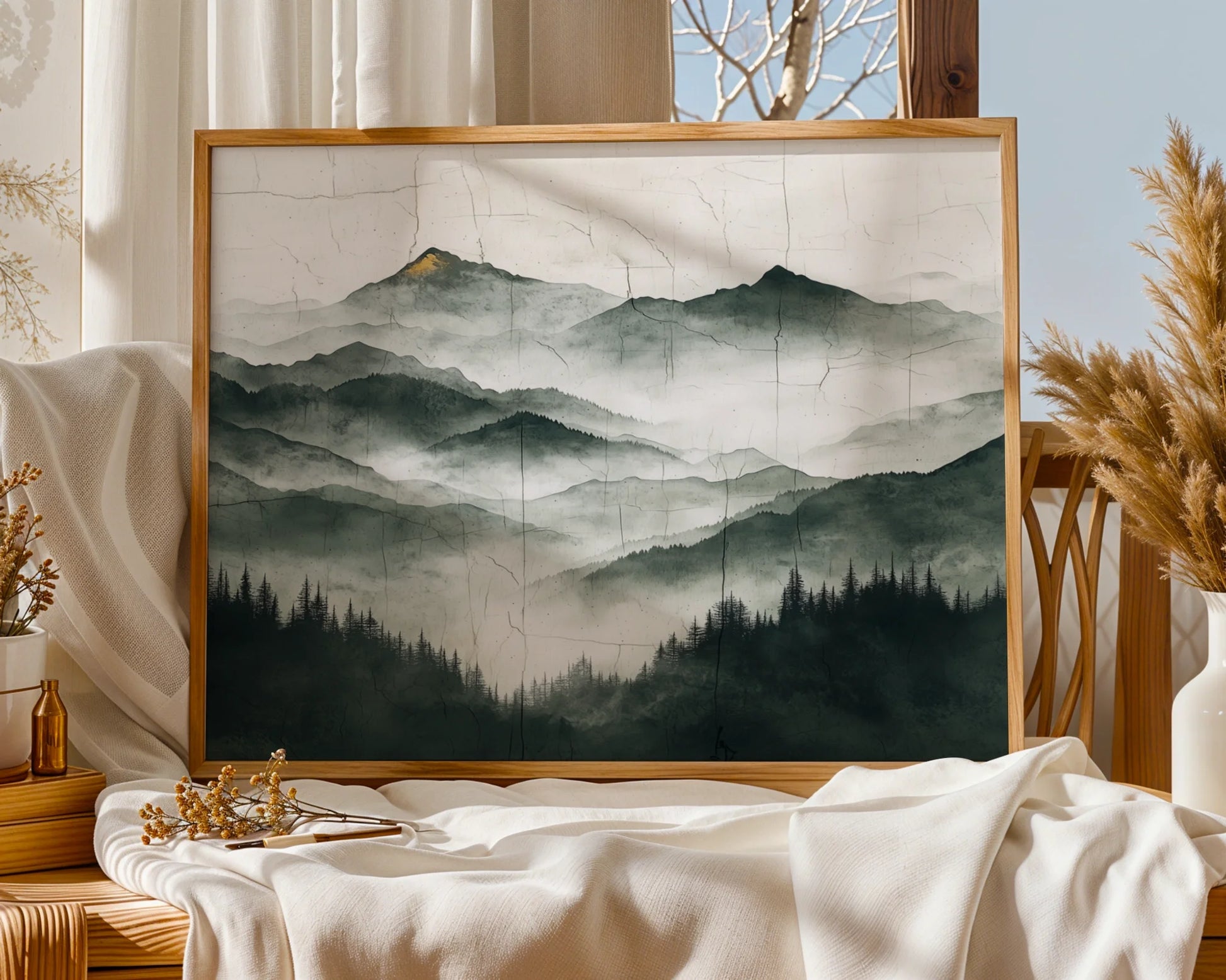 Misty Mountain Art Japandi Style Gold Accents in room