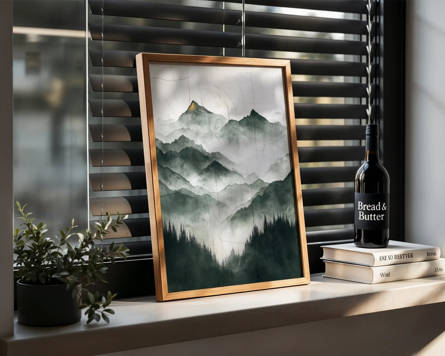 Misty Mountain Art Japandi Style Canvas Wall Art Gold Accents — Eastern-influenced artwork showing peaceful summits wrapped in delicate mist for clean modern spaces