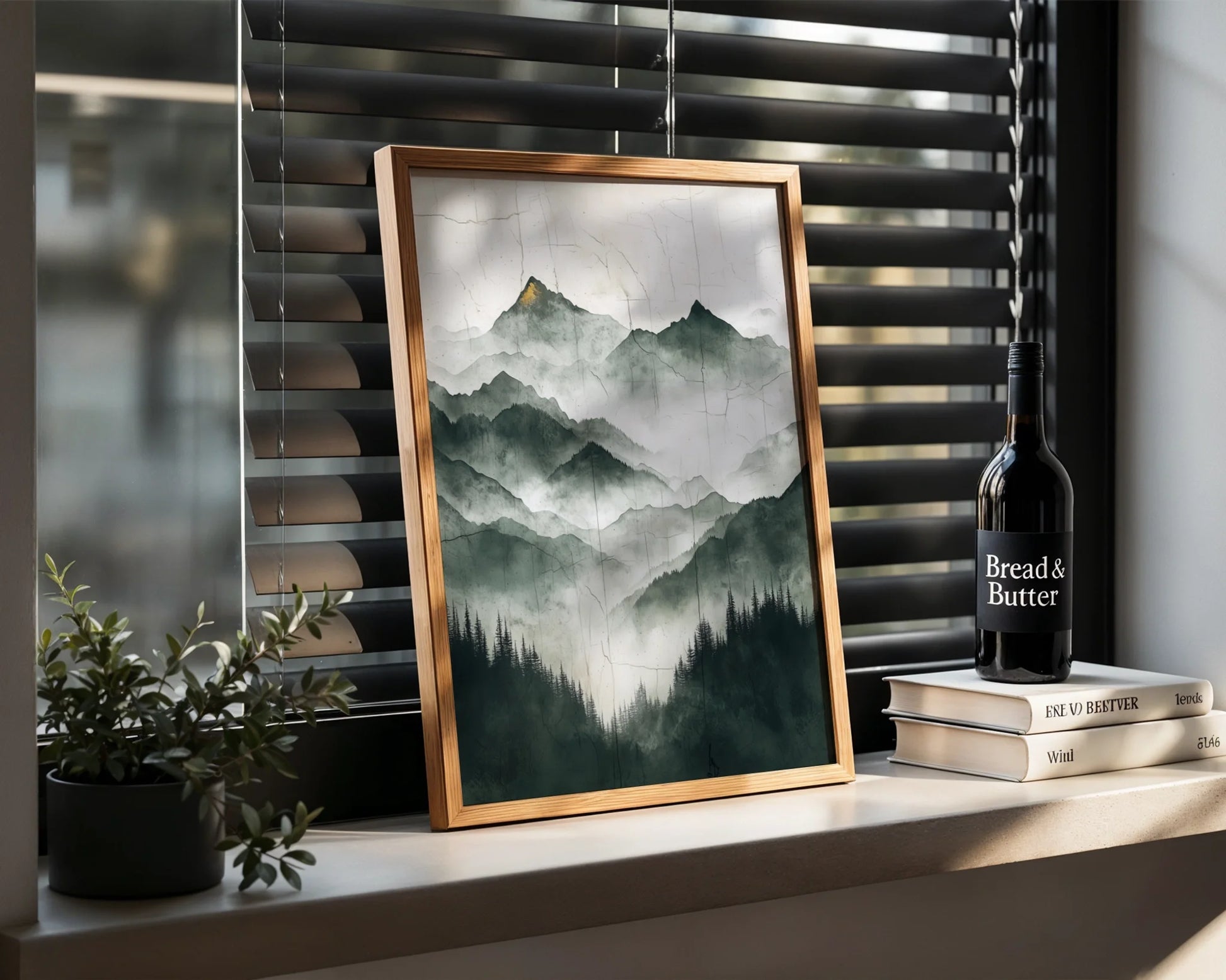 Misty Mountain Art Japandi Style Canvas Wall Art Gold Accents — Eastern-influenced artwork showing peaceful summits wrapped in delicate mist for clean modern spaces
