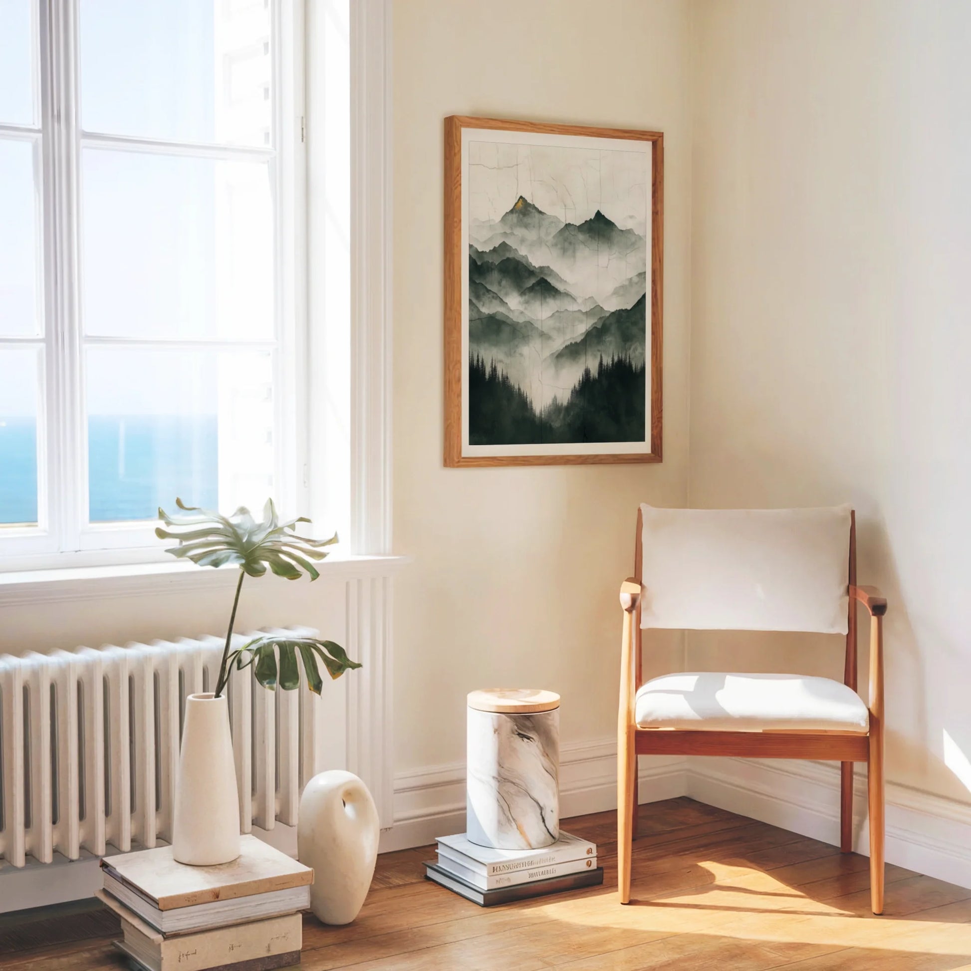 Misty Mountain Art Japandi Style Canvas Wall Art Gold Accents — Simple nature canvas depicting serene highland forms through gentle fog for uncluttered home styling
