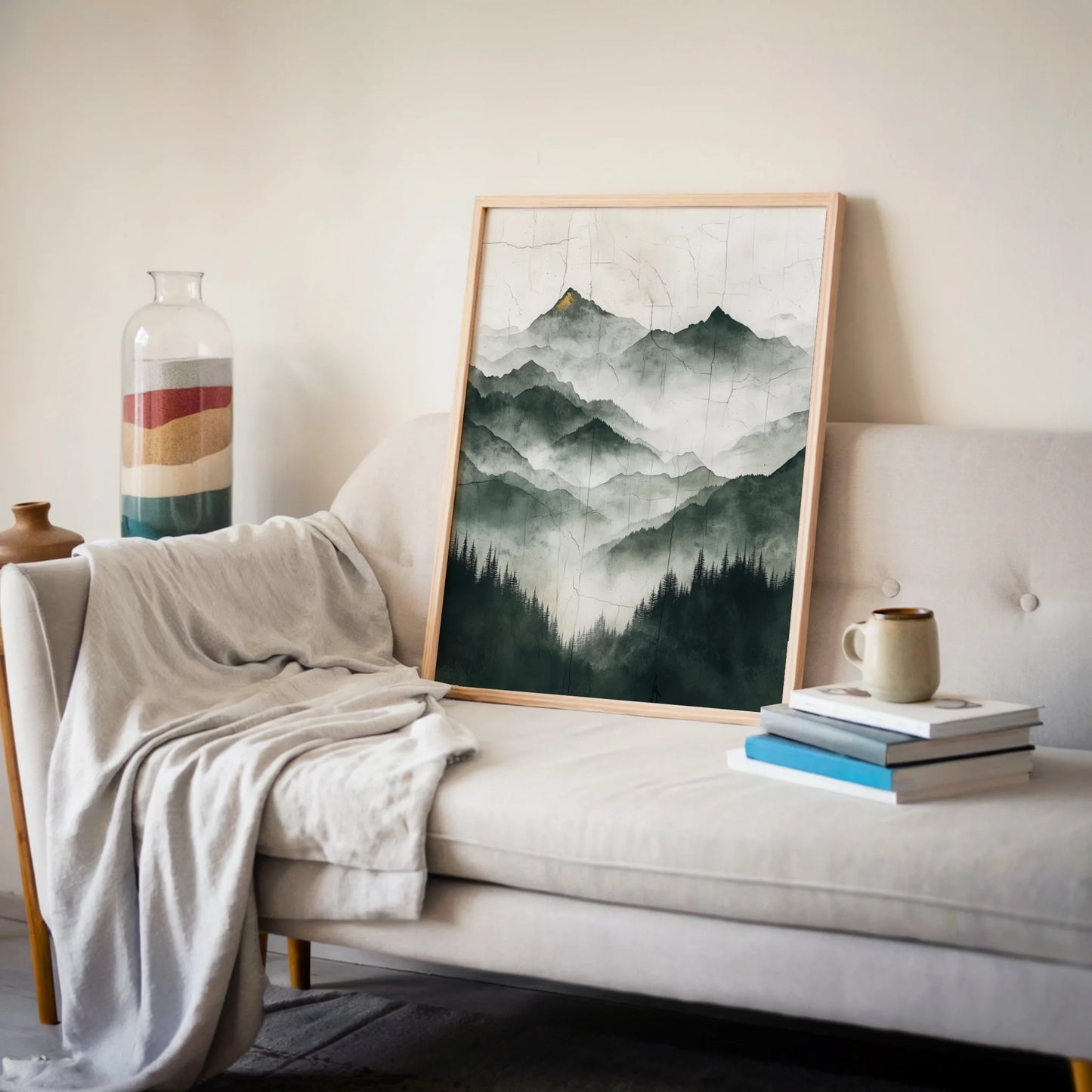 Misty Mountain Art Japandi Style Gold Accents in room