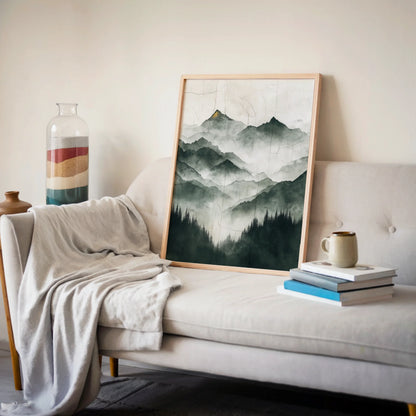 Misty Mountain Art Japandi Style Gold Accents in room