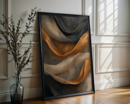 Bronze Metallic Abstract Flowing Ribbons Canvas Wall Art — Minimalist living room featuring fluid metallic artwork with copper streams on neutral walls