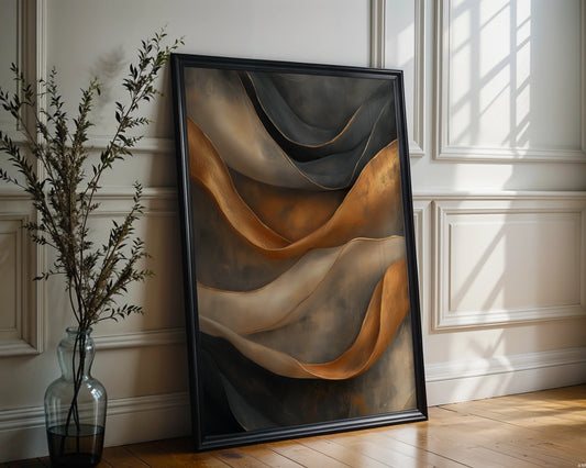 Bronze Metallic Abstract Flowing Ribbons Canvas Wall Art — Minimalist living room featuring fluid metallic artwork with copper streams on neutral walls
