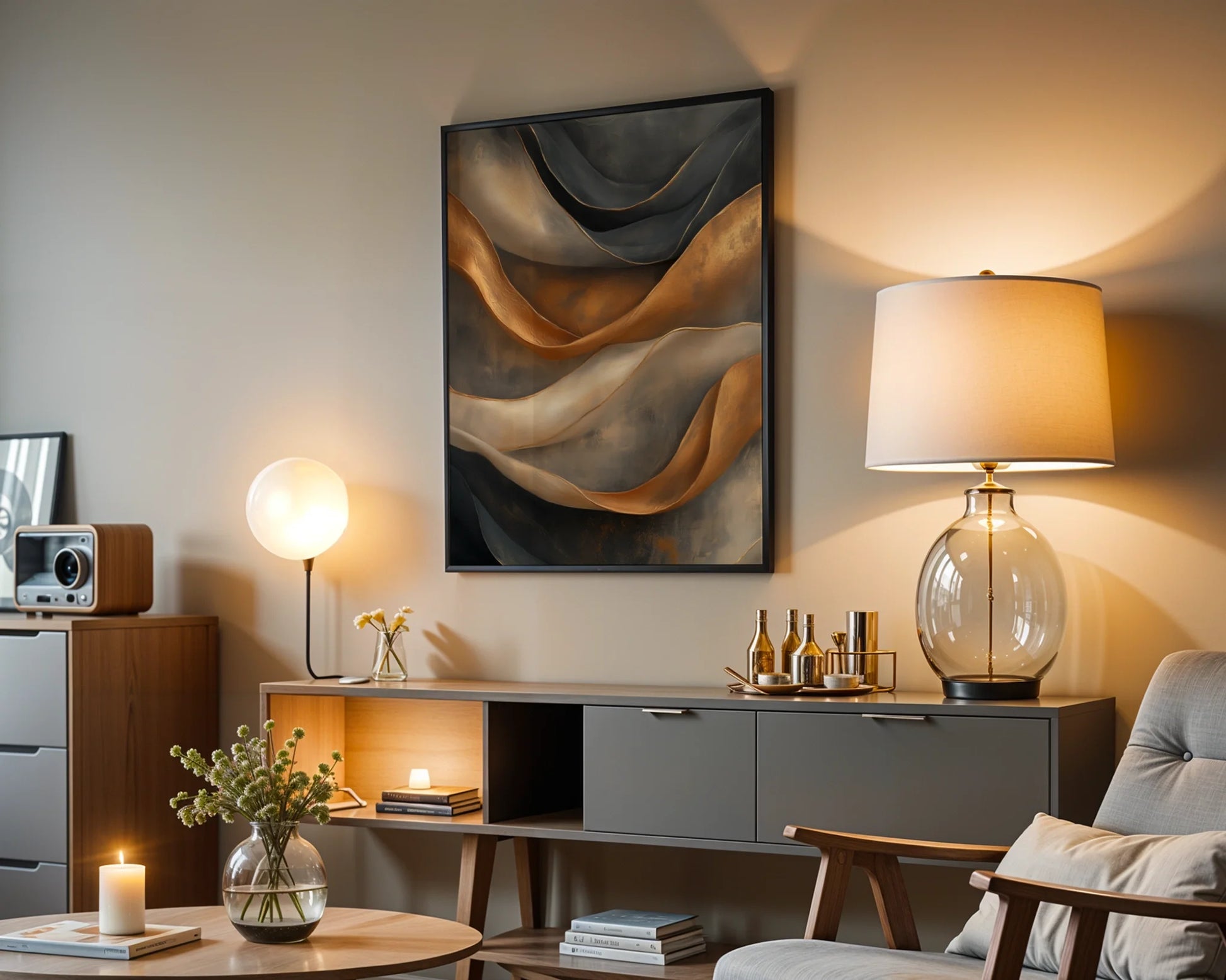 Bronze Metallic Abstract Flowing Ribbons in room
