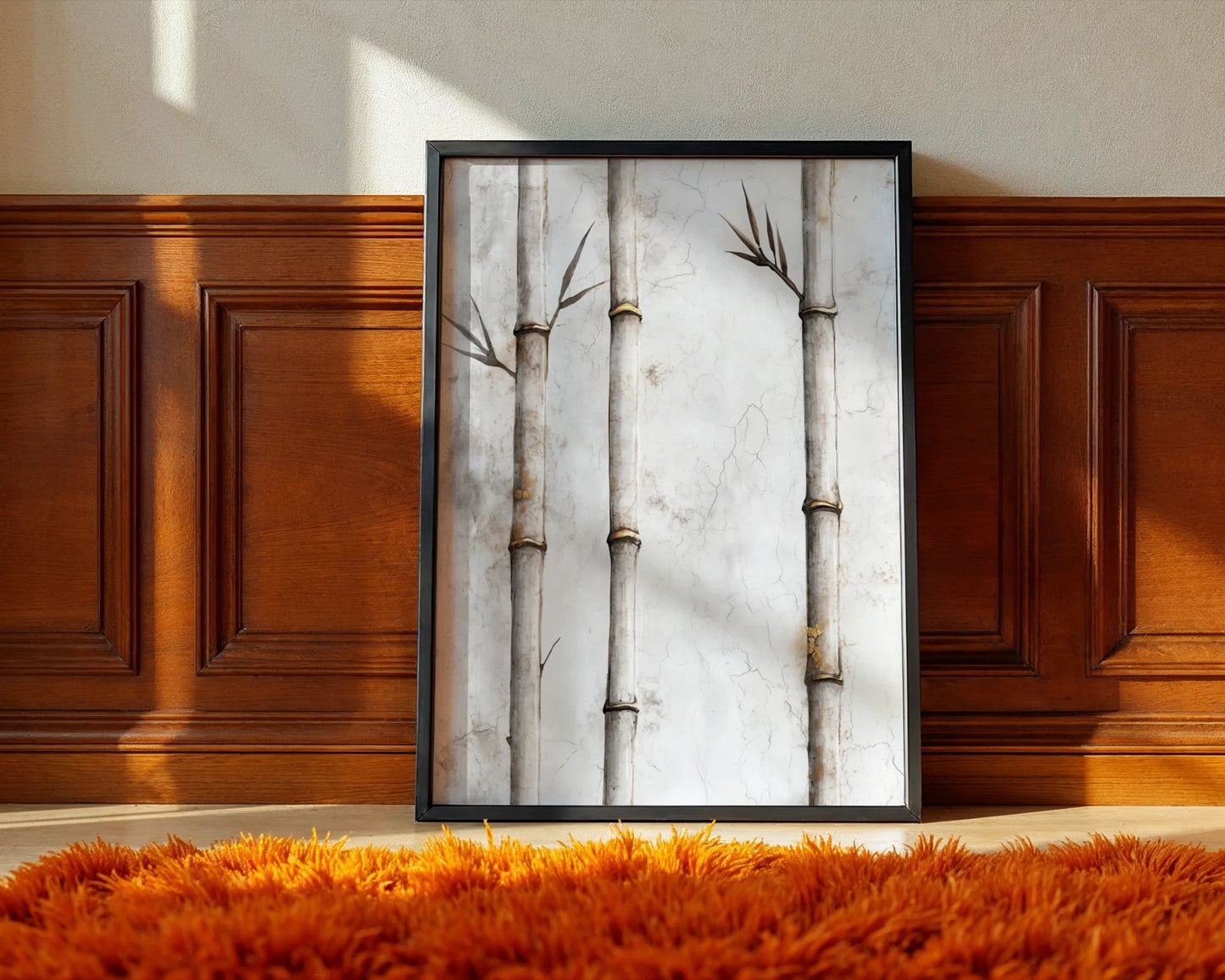 Minimalist Bamboo Cracked Plaster Canvas Wall Art Japandi — Serene Japanese-inspired artwork showcasing five graceful bamboo stems for contemporary home styling