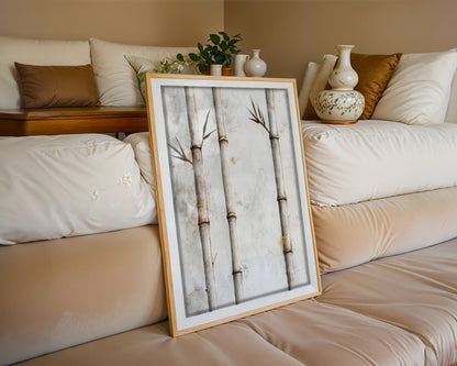 Minimalist Bamboo Cracked Plaster Canvas Wall Art Japandi — Soft neutral canvas displaying delicate bamboo forms against weathered backdrop for zen interiors