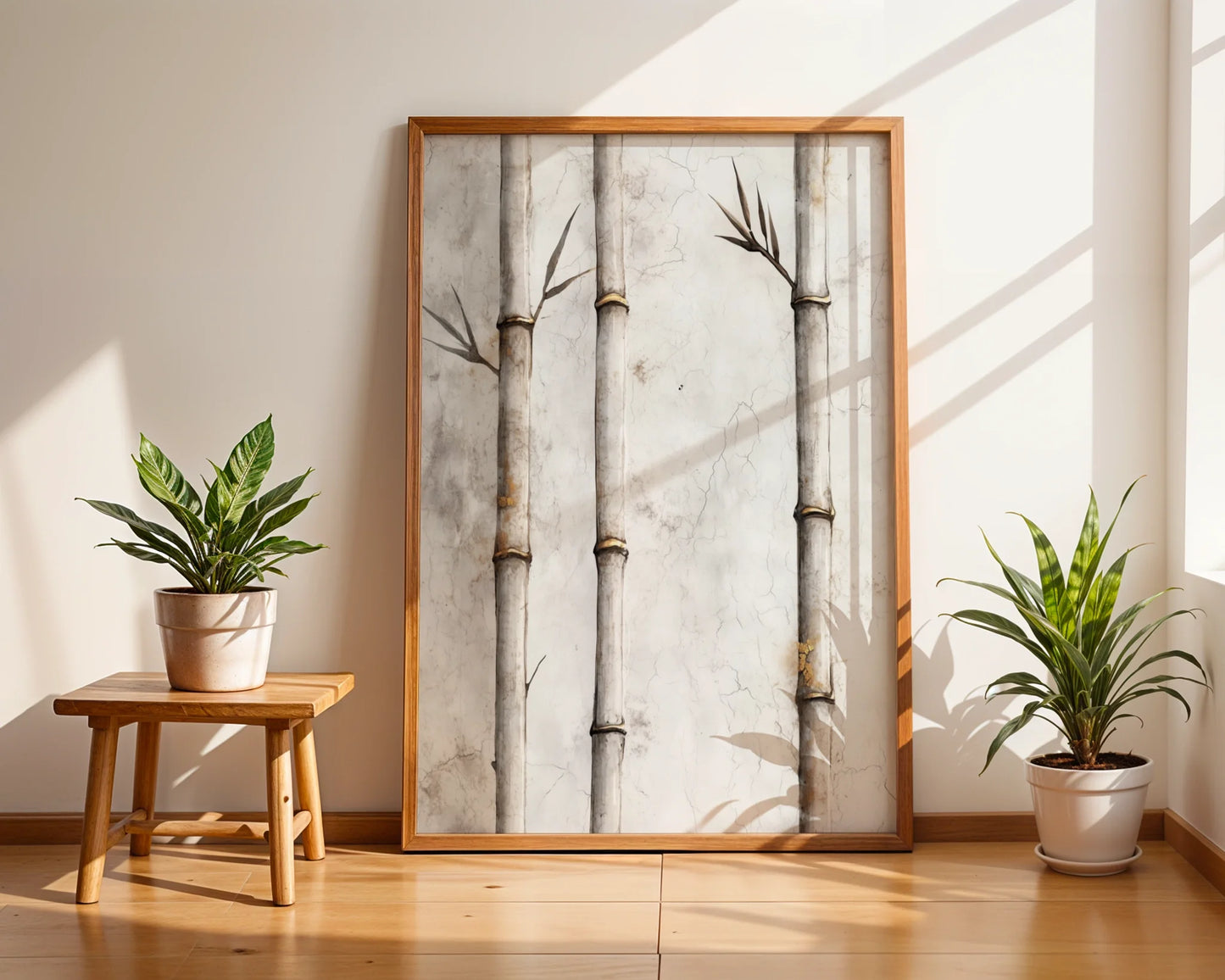Minimalist Bamboo Cracked Plaster Canvas Wall Art Japandi — Tranquil wabi-sabi inspired piece featuring bamboo emerging from distressed surface for mindful spaces