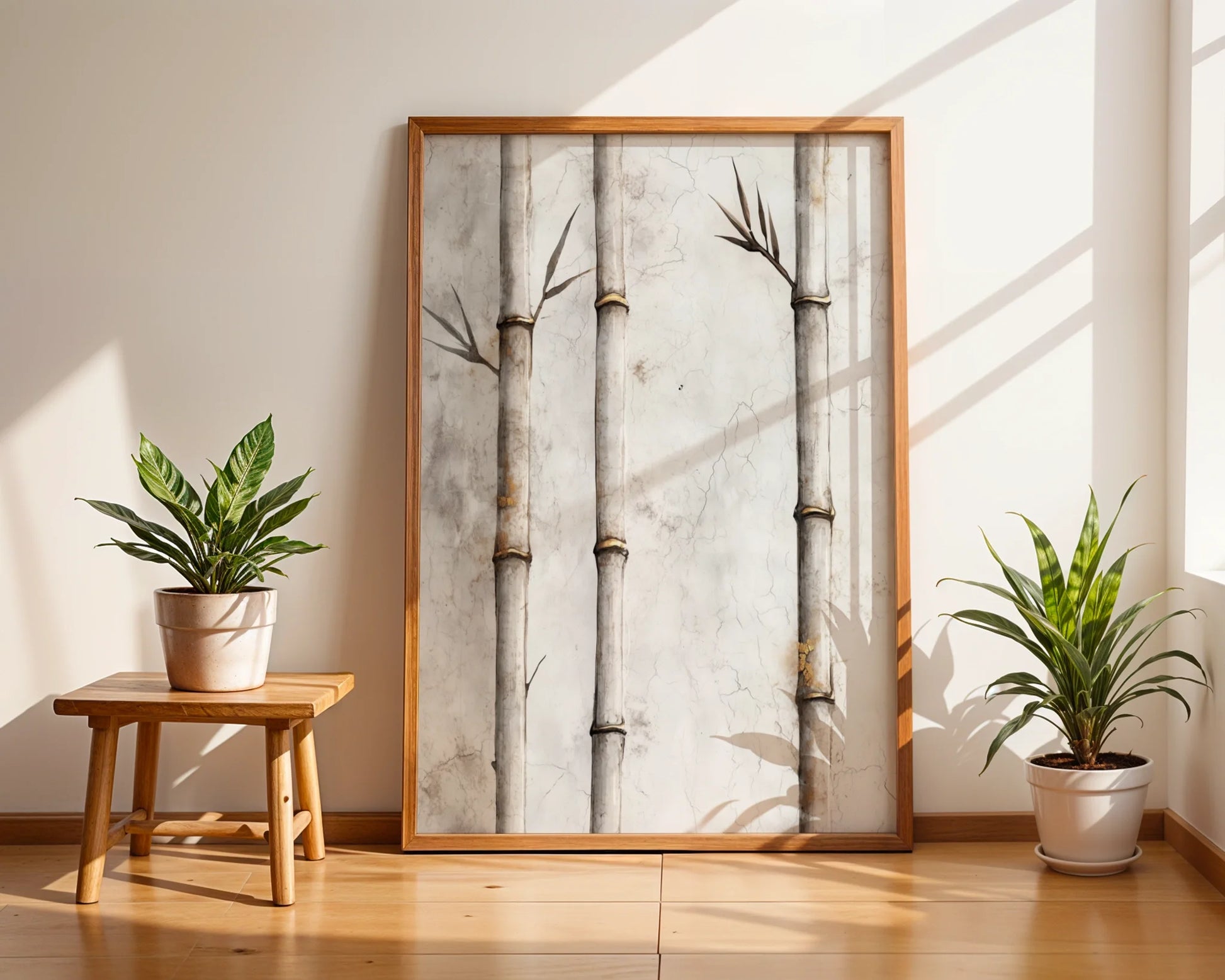 Minimalist Bamboo Cracked Plaster Canvas Wall Art Japandi — Tranquil wabi-sabi inspired piece featuring bamboo emerging from distressed surface for mindful spaces
