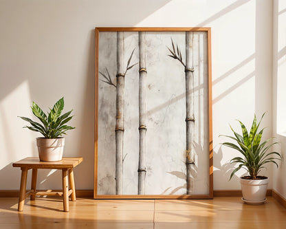 Minimalist Bamboo Cracked Plaster Canvas Wall Art Japandi — Tranquil wabi-sabi inspired piece featuring bamboo emerging from distressed surface for mindful spaces