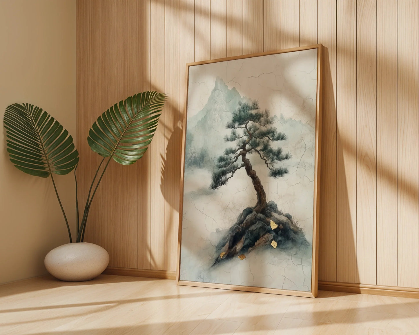 Ancient Pine Tree Japandi Misty Mountain Canvas Wall Art — Tranquil nature artwork featuring weathered evergreen growing from rocky cliffs for contemporary interior design