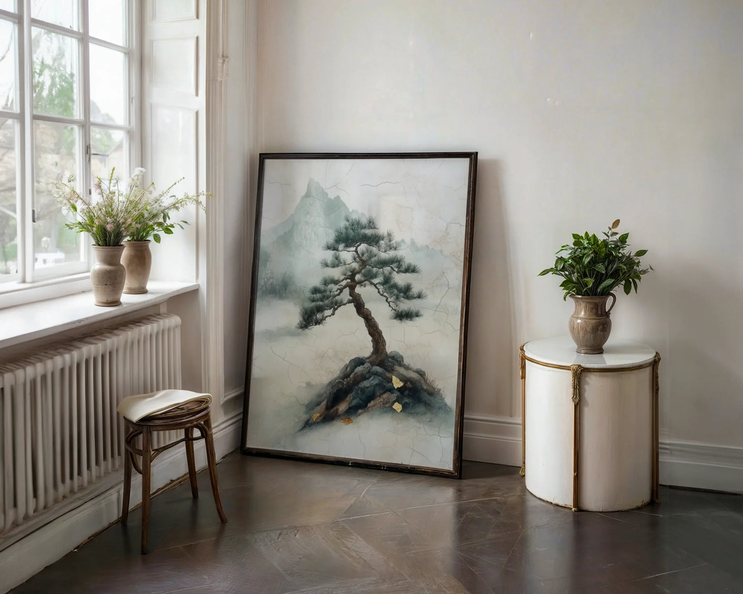 Ancient Pine Tree Japandi Misty Mountain in room