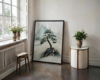 Ancient Pine Tree Japandi Misty Mountain in room