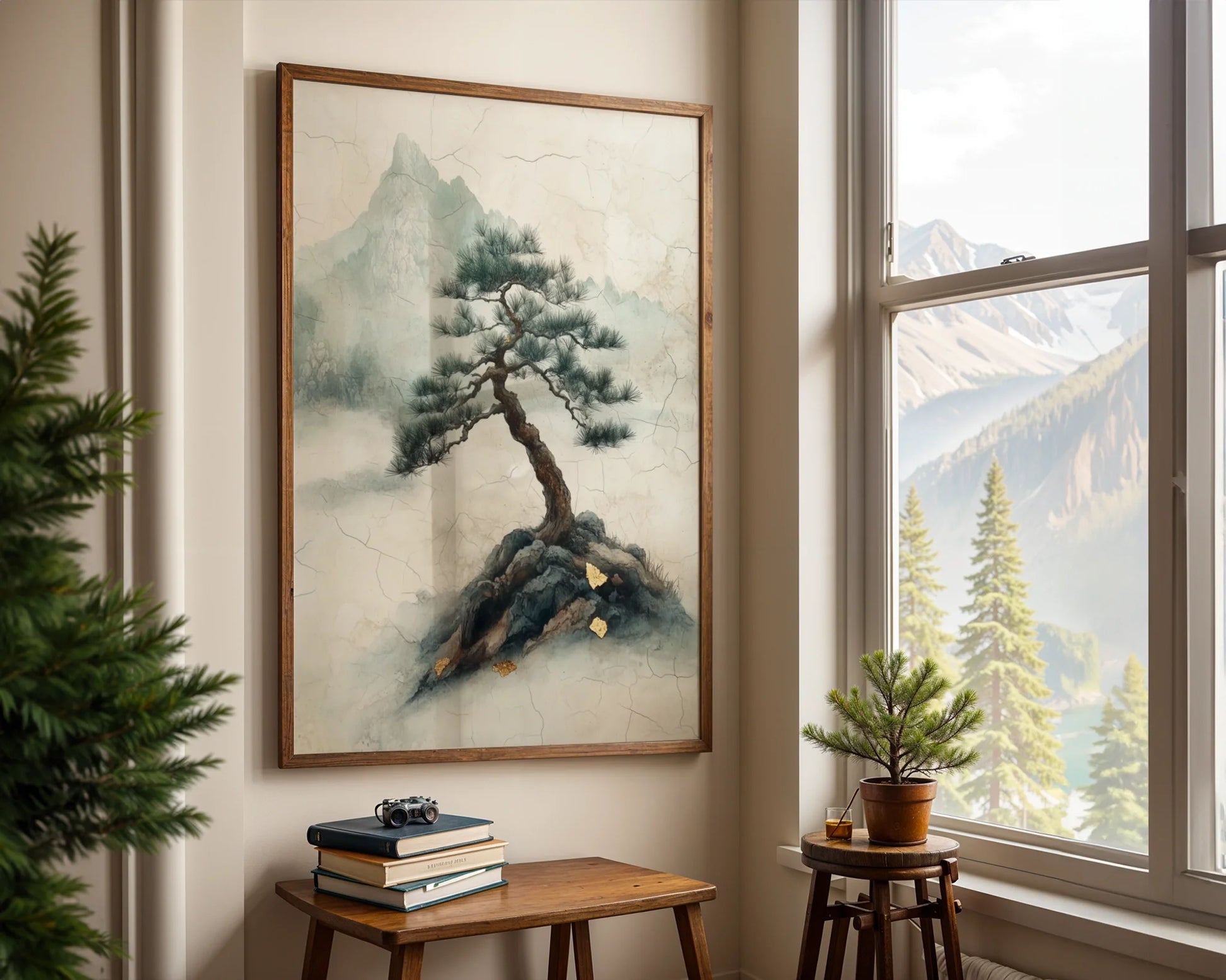 Ancient Pine Tree Japandi Misty Mountain Canvas Wall Art — Calming earth-toned wall decor displaying resilient evergreen rooted in ancient rock formations