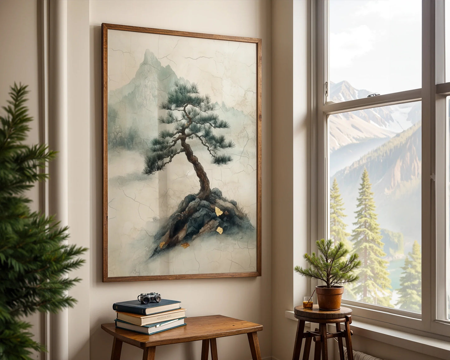 Ancient Pine Tree Japandi Misty Mountain in room
