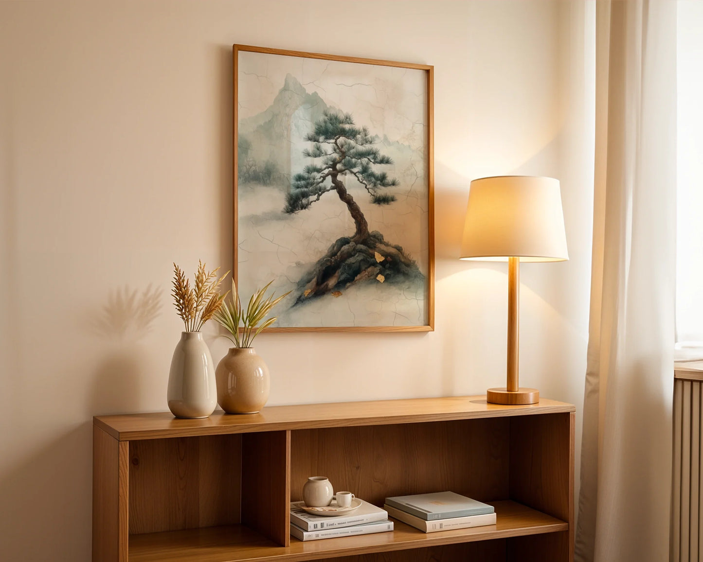 Ancient Pine Tree Japandi Misty Mountain in room
