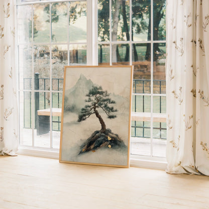 Ancient Pine Tree Japandi Misty Mountain in room