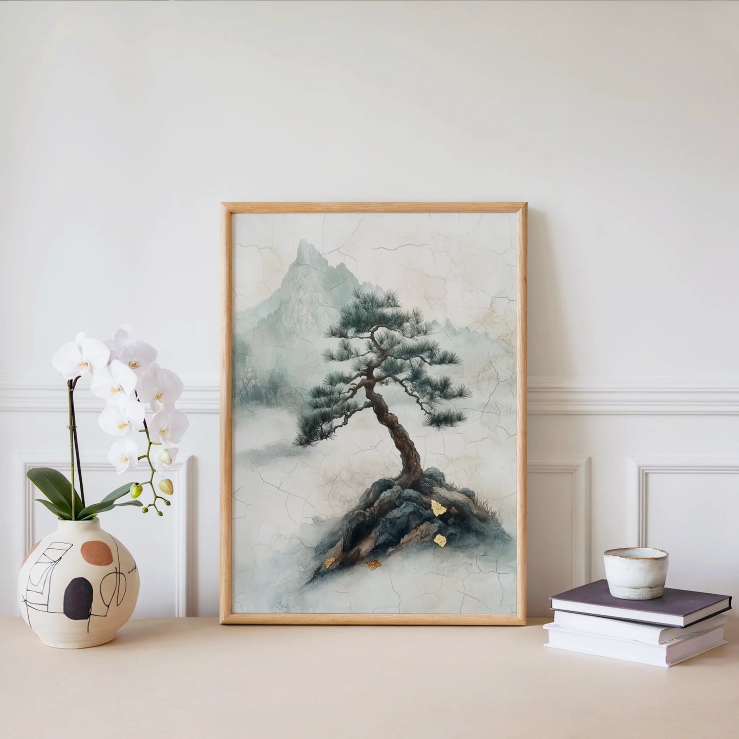 Ancient Pine Tree Japandi Misty Mountain Canvas Wall Art — Soft sage and cream canvas displaying misty evergreen landscape with warm golden accent touches