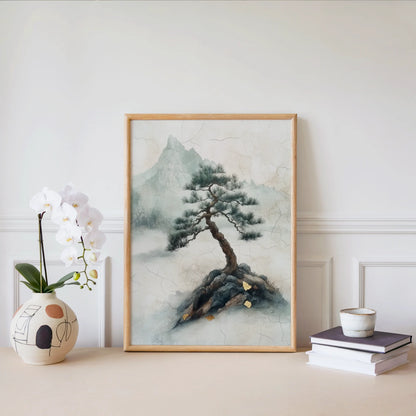 Ancient Pine Tree Japandi Misty Mountain in room