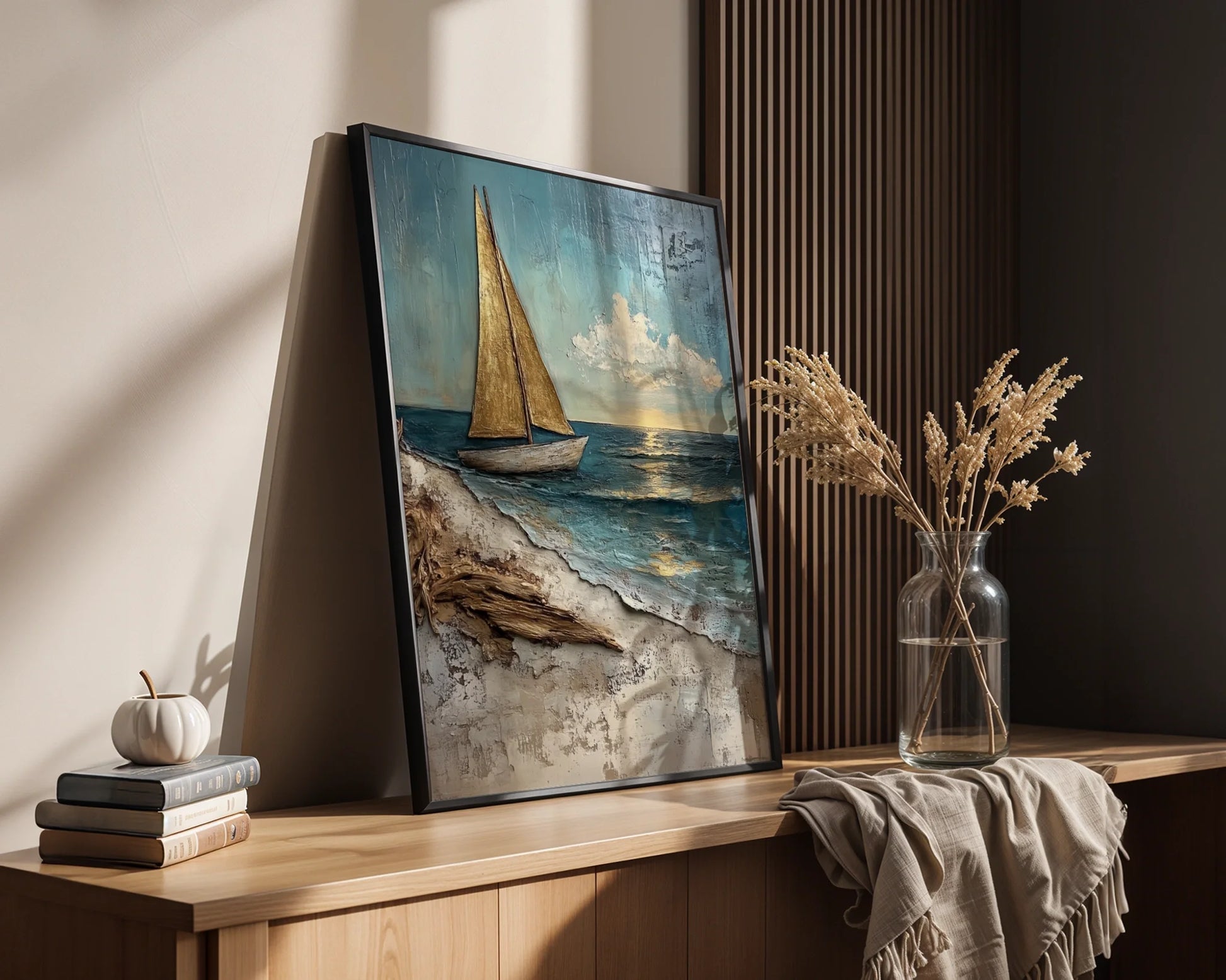 Textured Sailboat Painting Bronze Sails in room