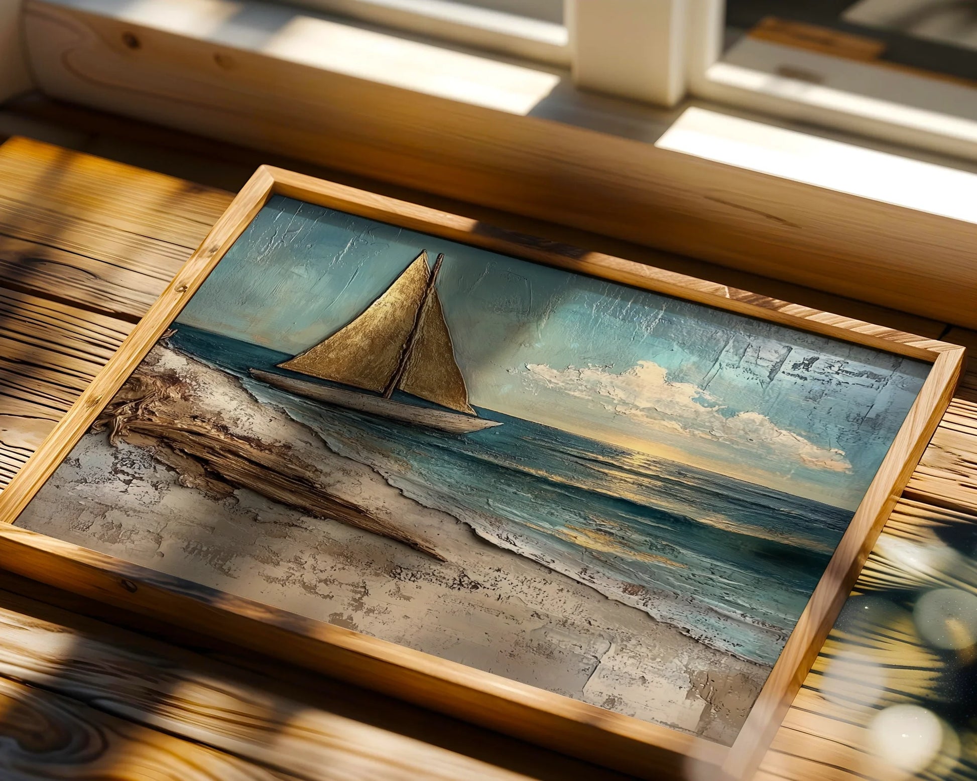 Textured Sailboat Painting Bronze Sails Canvas Wall Art — Vintage vessel canvas hanging in modern farmhouse setting perfect for seaside home styling