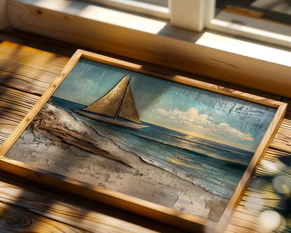 Textured Sailboat Painting Bronze Sails in room