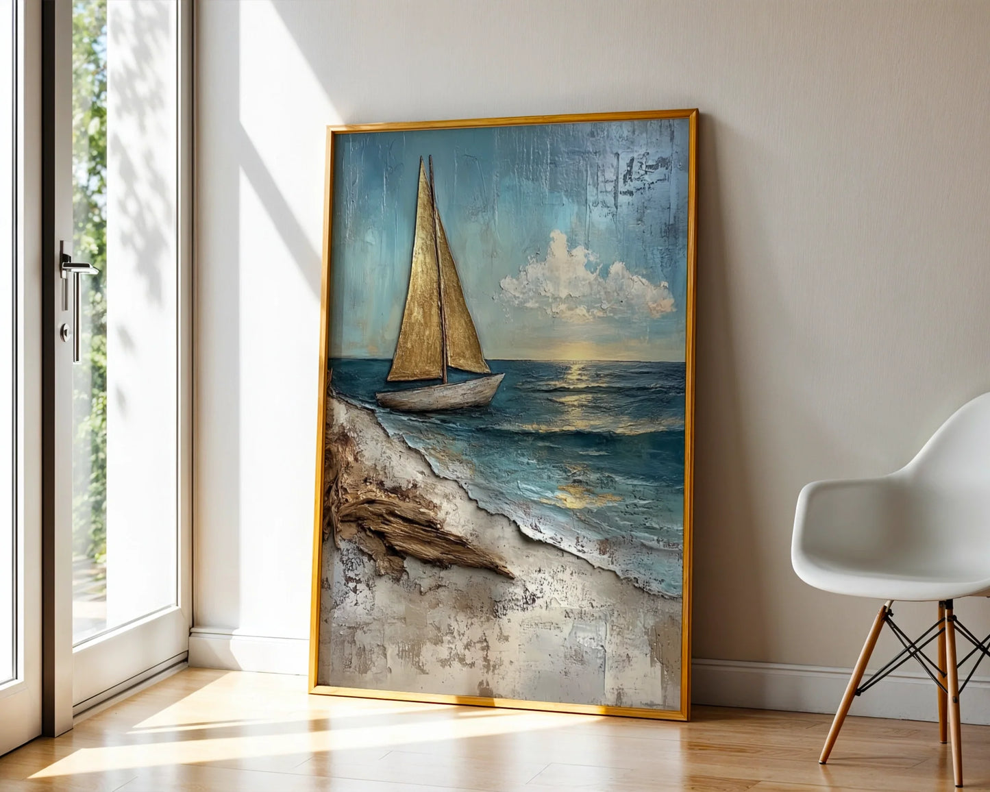 Textured Sailboat Painting Bronze Sails Canvas Wall Art — Distressed boat artwork showcased in bohemian bedroom creating relaxed shore house atmosphere