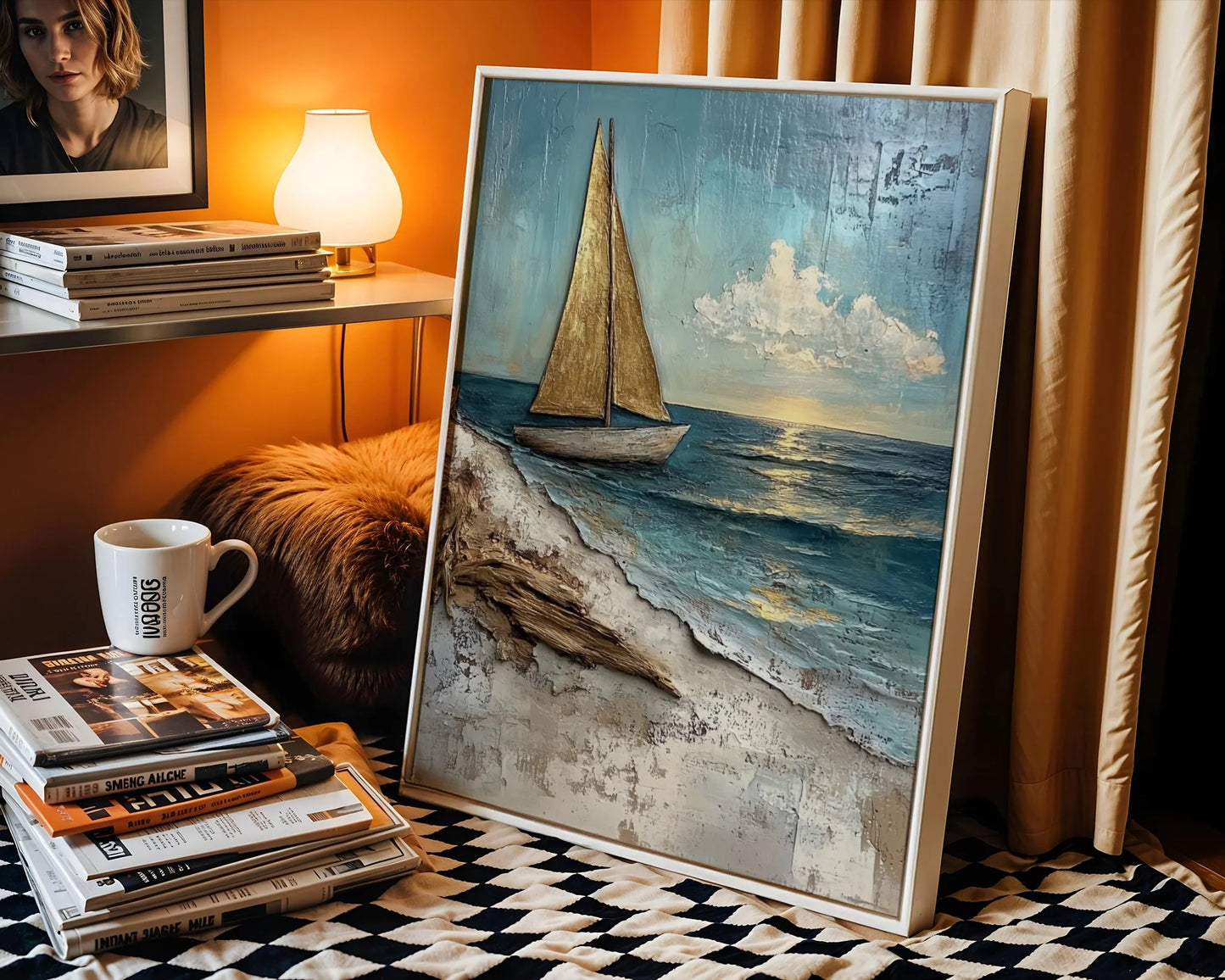 Textured Sailboat Painting Bronze Sails Canvas Wall Art — Aged sailing ship print featured in industrial loft space ideal for waterfront home design
