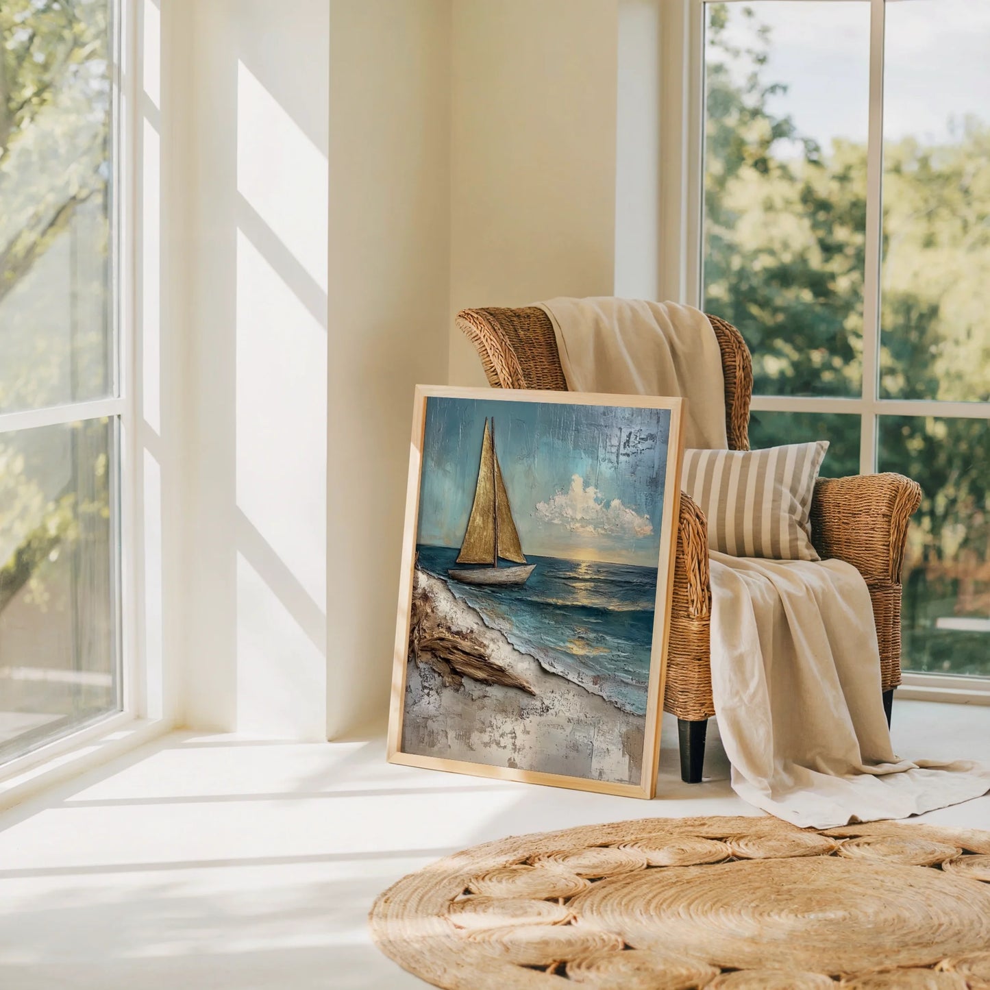 Textured Sailboat Painting Bronze Sails in room