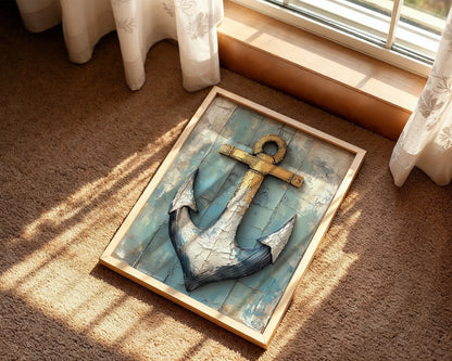 Nautical Anchor Distressed Patina Canvas Wall Art — Modern seaside canvas featuring aged marine symbol with weathered finish for contemporary home decor