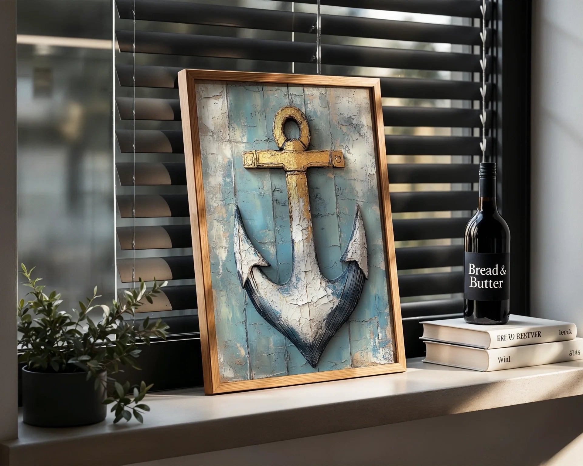 Nautical Anchor Distressed Patina Canvas Wall Art — Industrial coastal artwork featuring corroded sailing icon with layered textures for urban decor