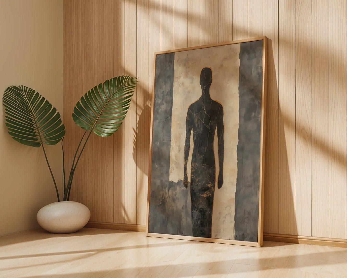 Gold Human Figure Cracked Fresco Style Canvas Wall Art — Sculptural person artwork with aged plaster effect for sophisticated home styling