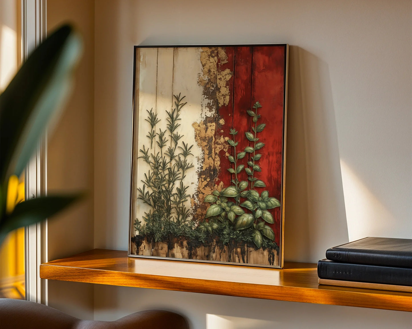 Rustic Mediterranean Herb Garden Peeling Paint Canvas Wall Art — Provincial canvas displaying ancient stonework with leafy herbs perfect for French country interiors