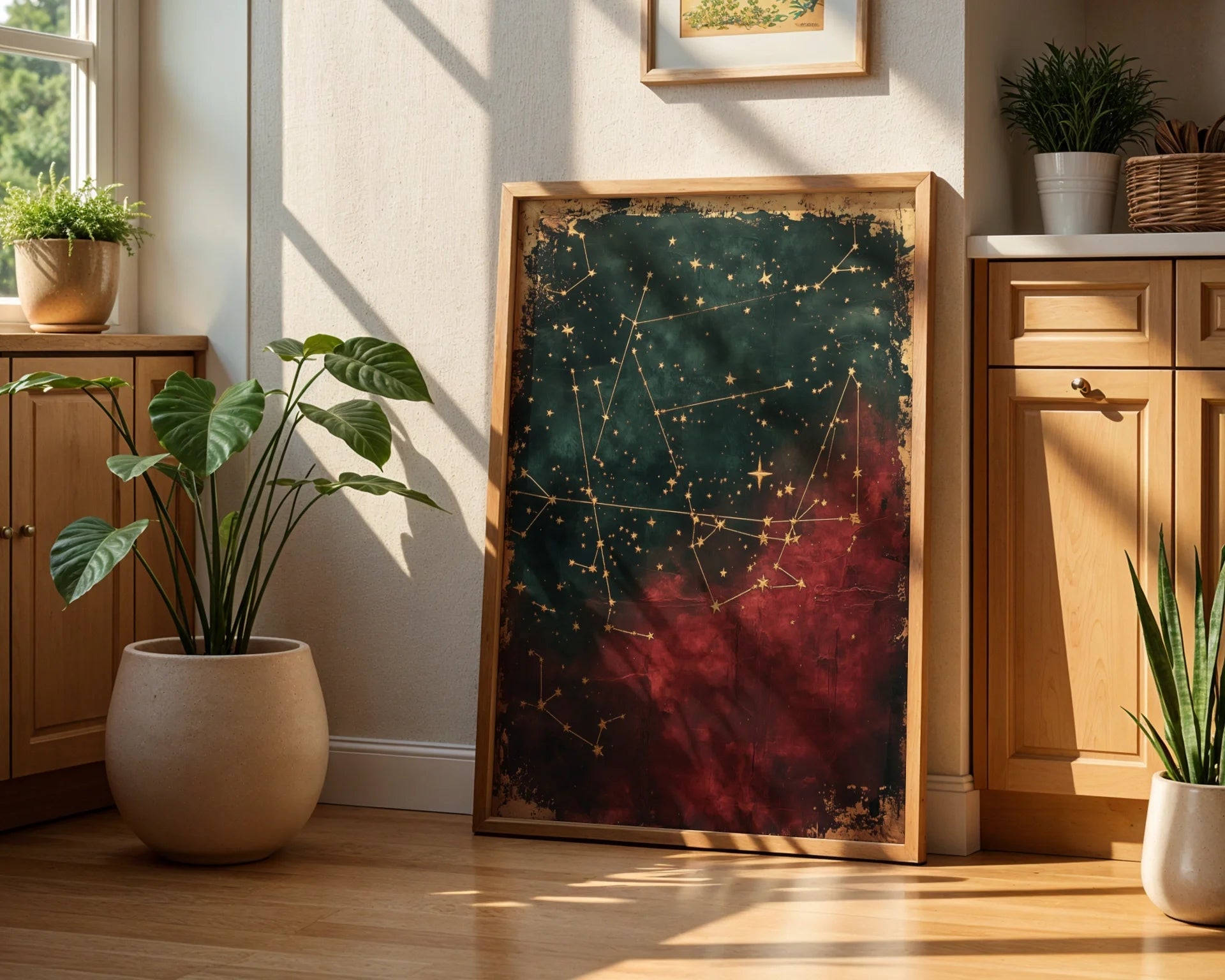 Celestial Map Dark Academia Cracked Paint Canvas Wall Art — Scholarly book lover's dream canvas showcasing fractured starmap design for academic-inspired interiors