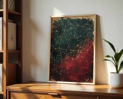 Celestial Map Dark Academia Cracked Paint Canvas Wall Art — Aged stargazer's chart canvas displaying weathered cosmic details for scholarly vintage decor schemes