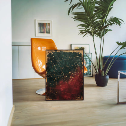 Celestial Map Dark Academia Cracked Paint Canvas Wall Art — Rich emerald and crimson canvas displaying textured stellar fragments with shimmering metallic accents