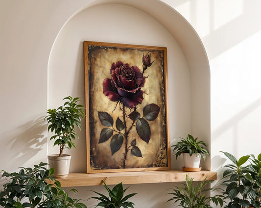 Burgundy Rose Canvas Wall Art Dark Academia Torn Parchment — Academic-inspired artwork showcasing crimson bloom emerging through shadows for scholarly home decor