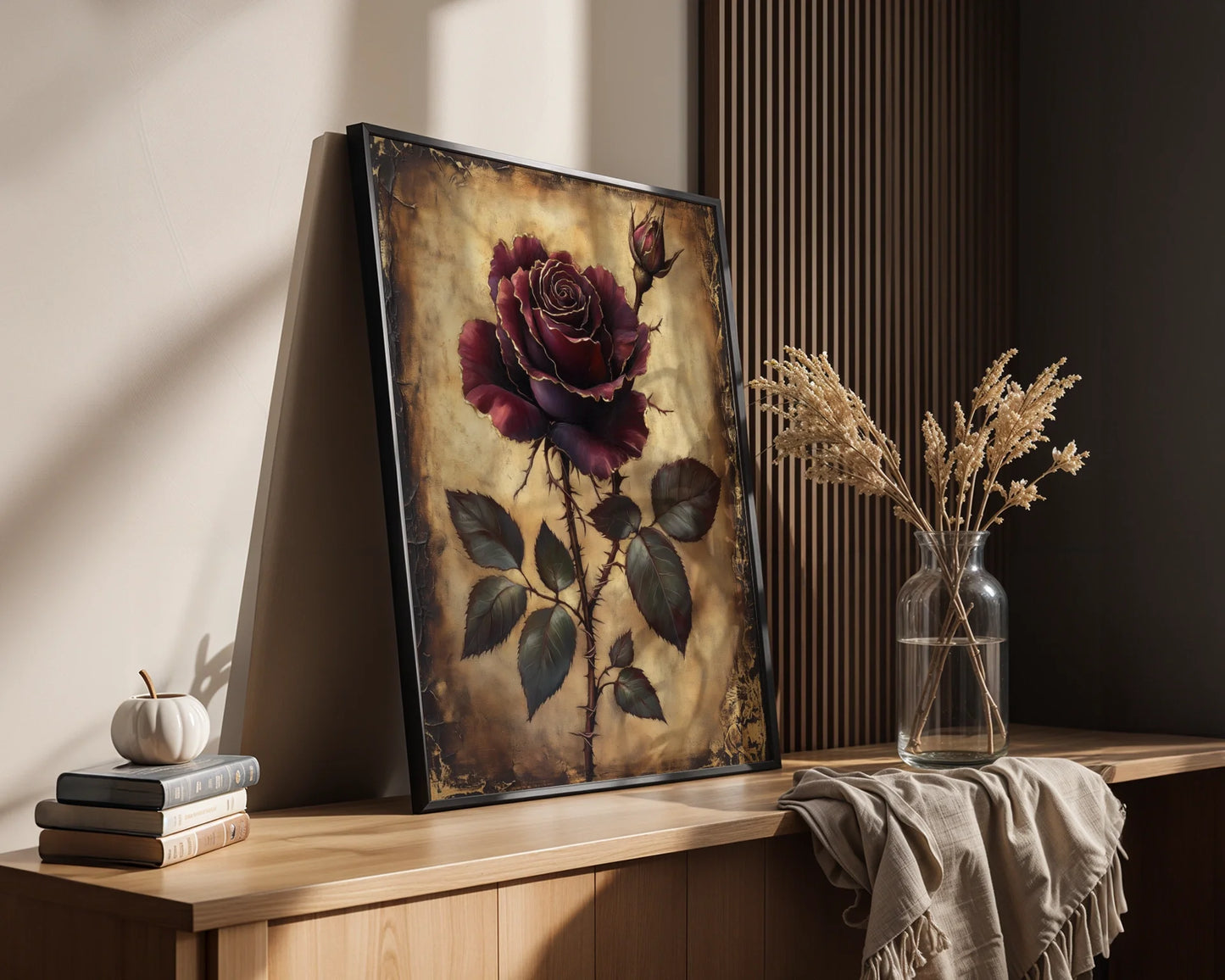 Burgundy Rose Canvas Wall Art Dark Academia Torn Parchment — Medieval-style floral canvas displaying weathered textures for vintage-loving home decorators
