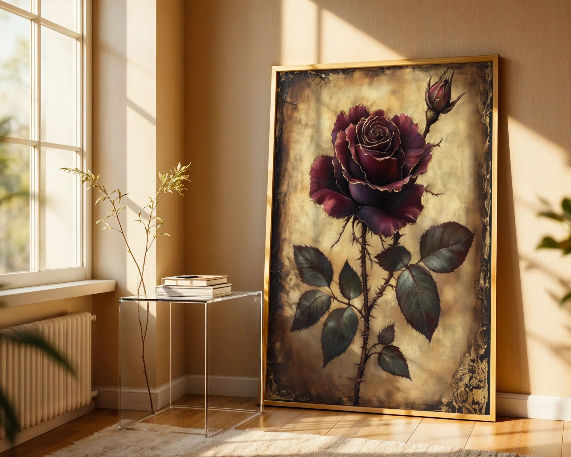 Burgundy Rose Canvas Wall Art Dark Academia Torn Parchment — Atmospheric botanical artwork featuring rich crimson tones for dramatic interior design schemes