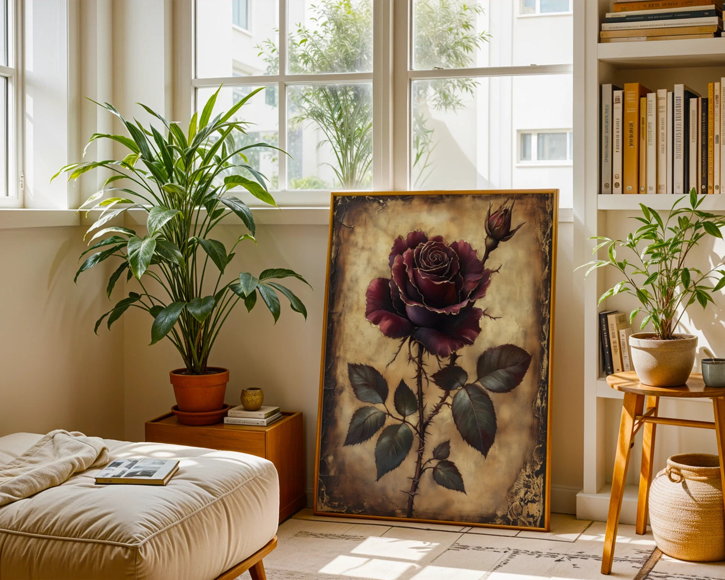 Burgundy Rose Dark Academia Torn Parchment in room