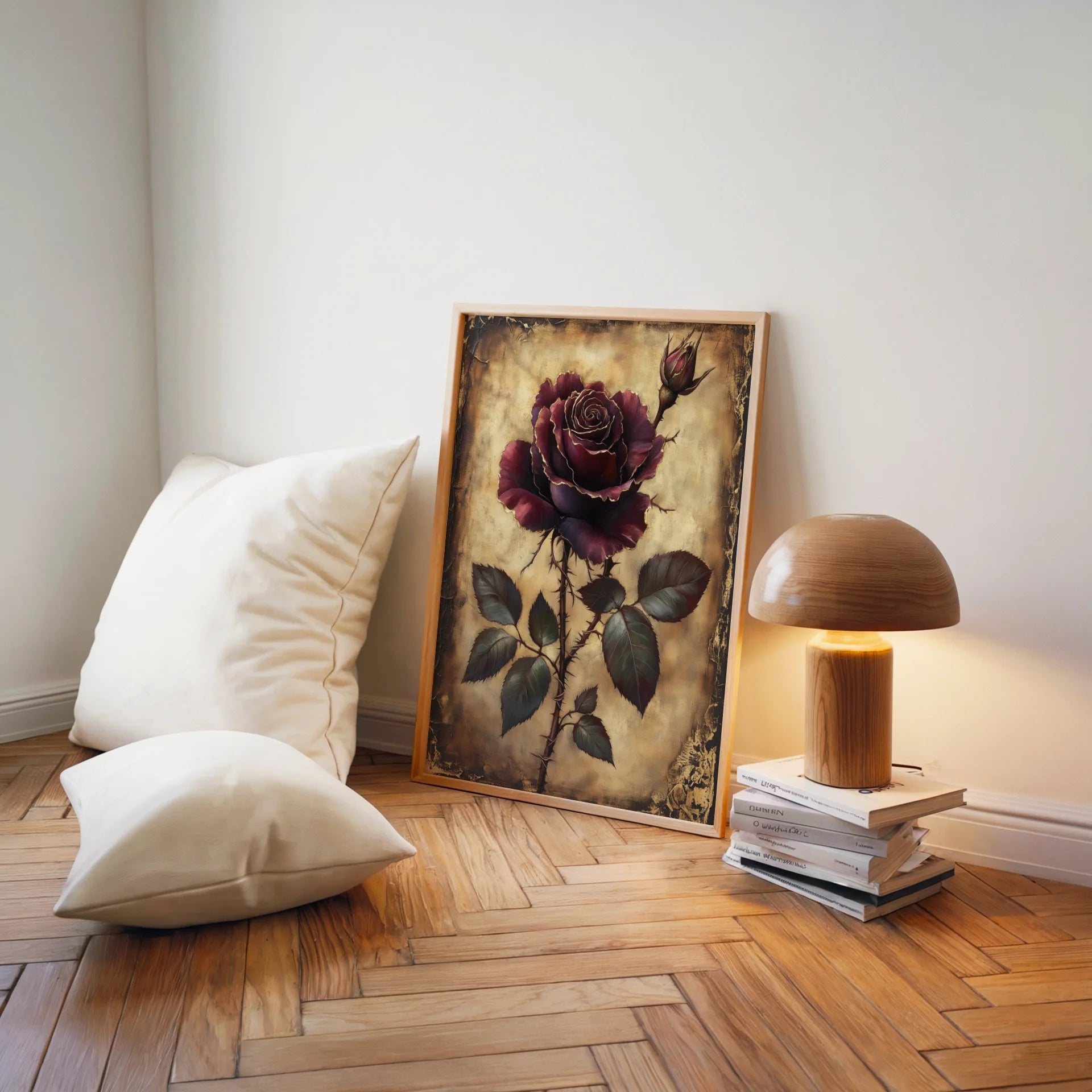 Burgundy Rose Dark Academia Torn Parchment in room