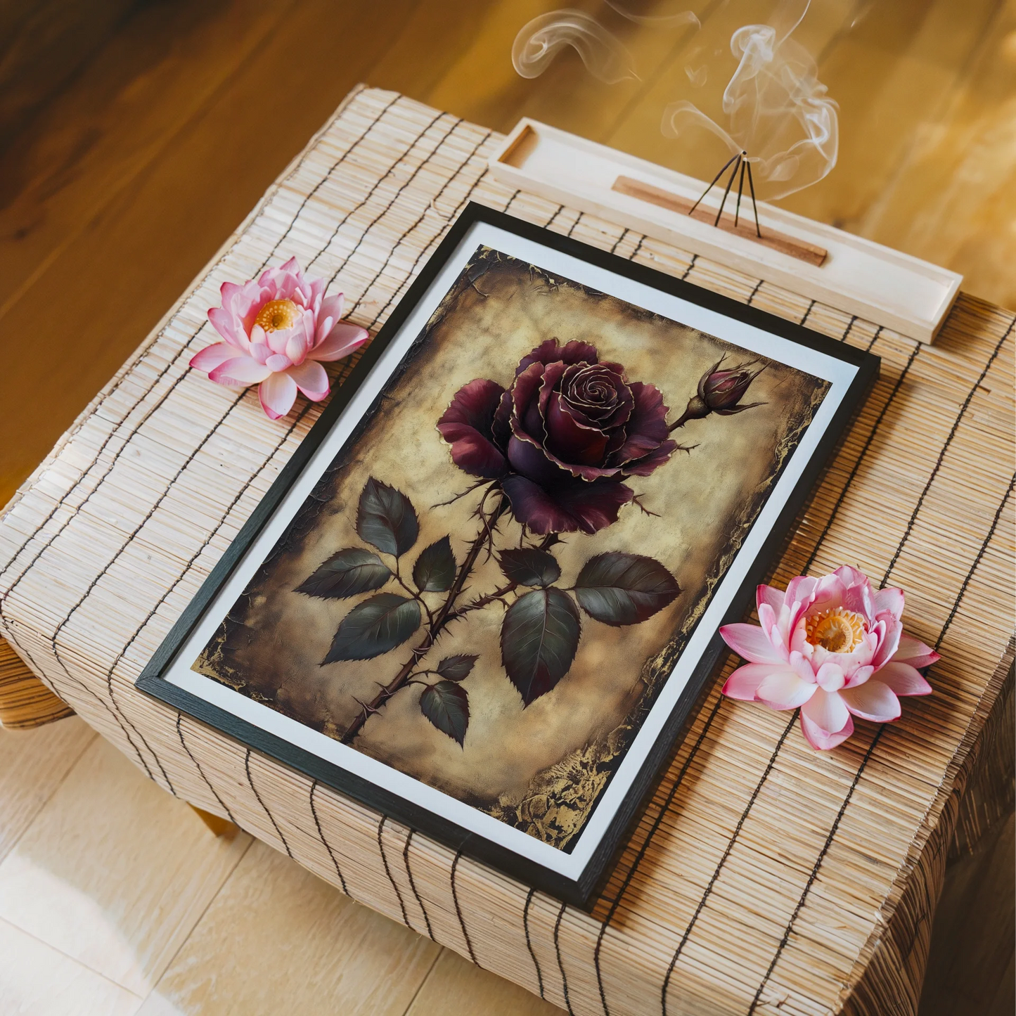 Burgundy Rose Dark Academia Torn Parchment in room